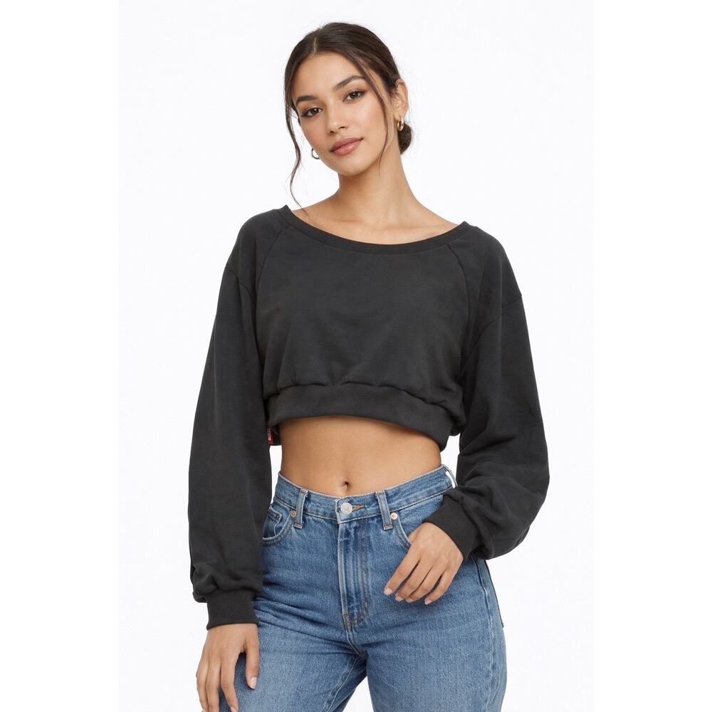 Cider Cropped Sweatshirt Medium Black Crewneck Casual Core Lounge Top NWT size